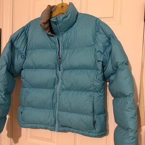 Marmot Women’s Full Zip Down Puffy Jacket, light blue, Size Large